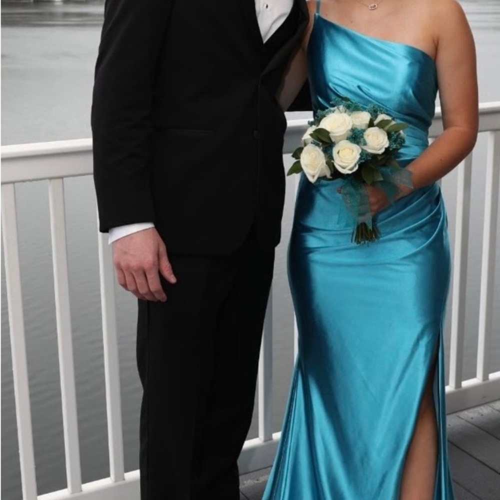 Sherri Hill long gown, single strap, left leg slit, turquoise